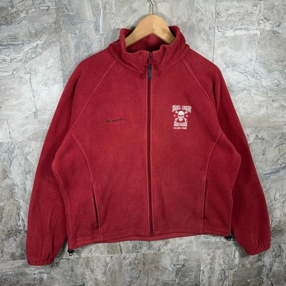 Columbia Sportswear red fleece jacket white skull and crossbones Mens size XL